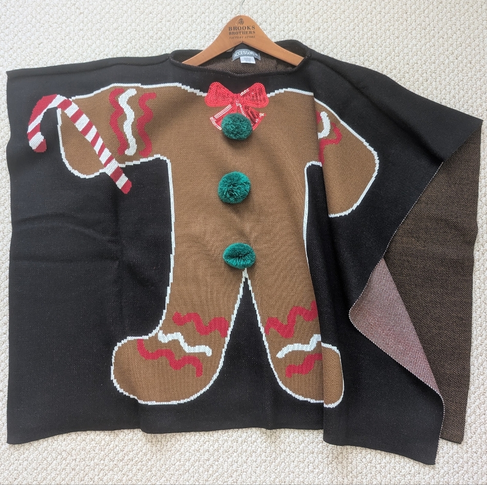 Gingerbread Cookie Holiday Cape Poncho Wrap Christmas Knit Sweater Womens OSFM